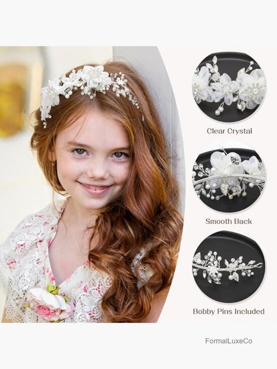 Ivory Tulle Flower Girl Headpiece Wedding Headband Pearl Hair Accessory main image 2